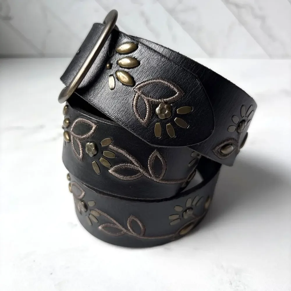 FOSSIL Black Leather Belt Artsy Metal Floral Stud Detail Boho Western Women’s M